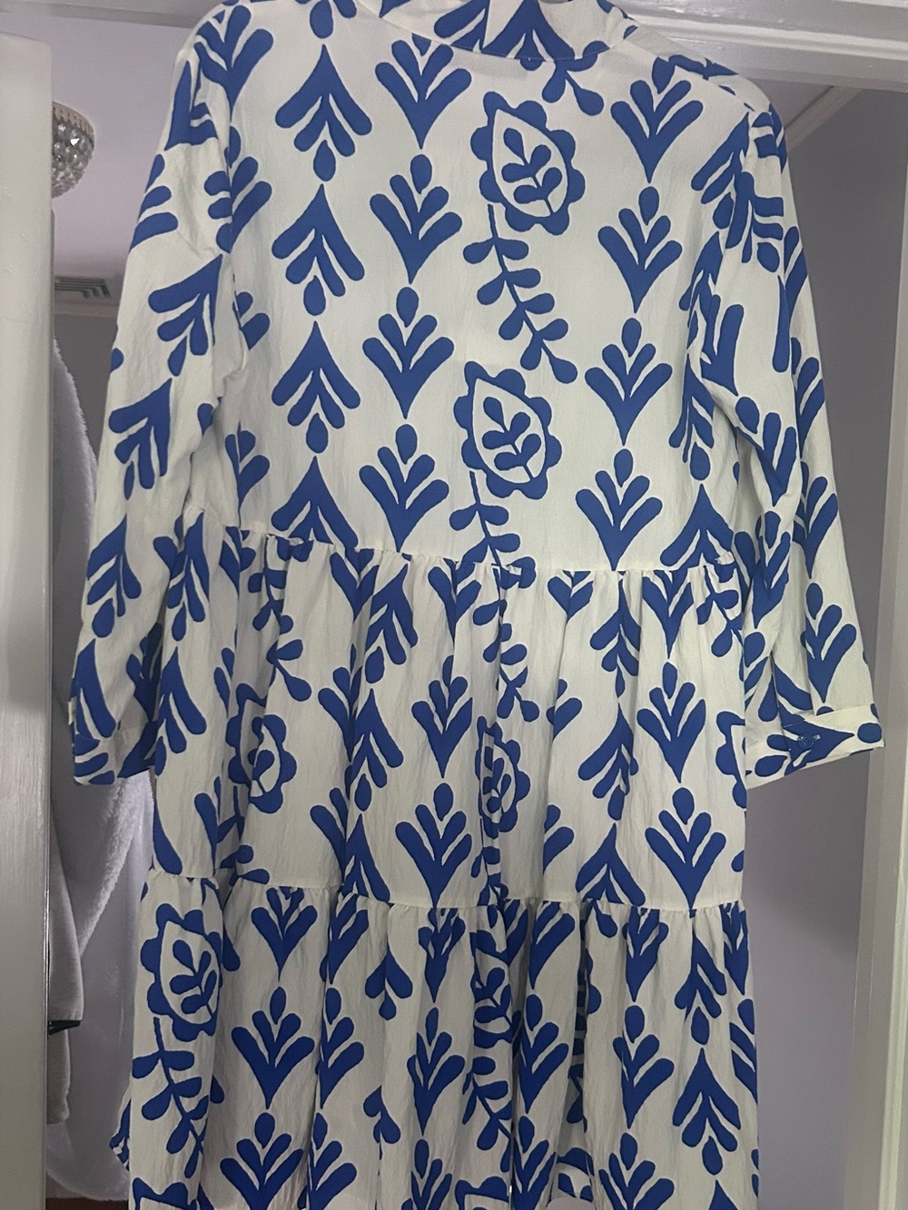 Zara Carrie White and Cobalt Blue Printed V-Neck Dress - Picture 5 of 6